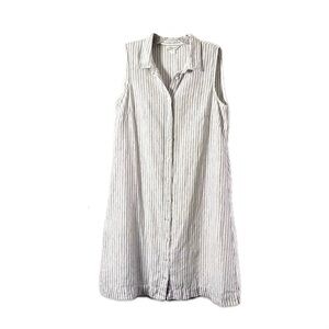 Garnet Hill Sleeveless 💯 Linen Button Down Shirt Dress in Pinstriped Pattern